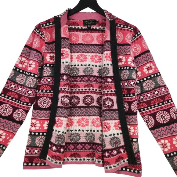 Islandic Design Angora Blend Cardigan Sweater Medium Crochet Floral Fair Isle - Picture 5 of 12